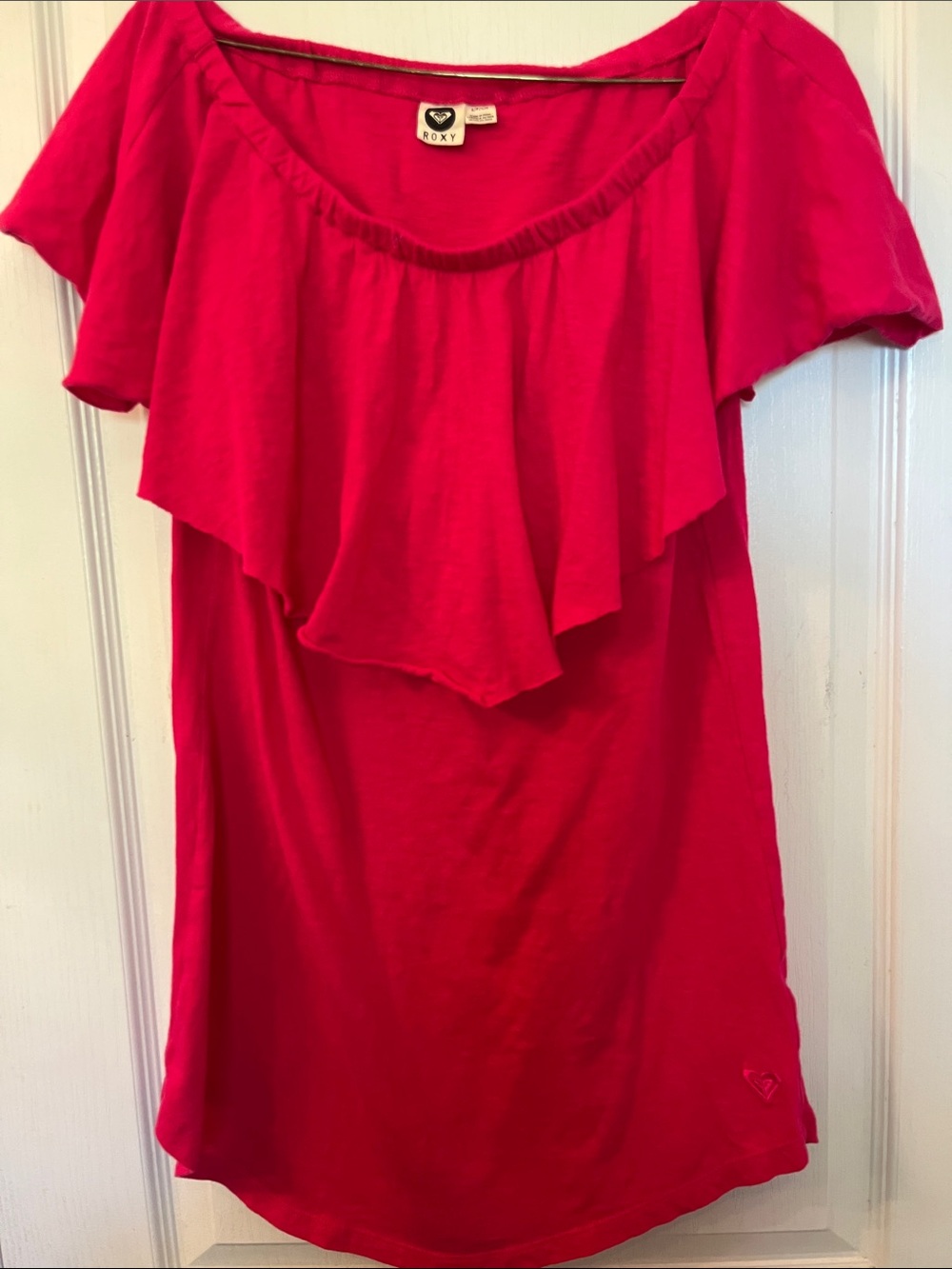 Roxy Women's Hot Pink Ruffle Front Short Sleeve Tunic